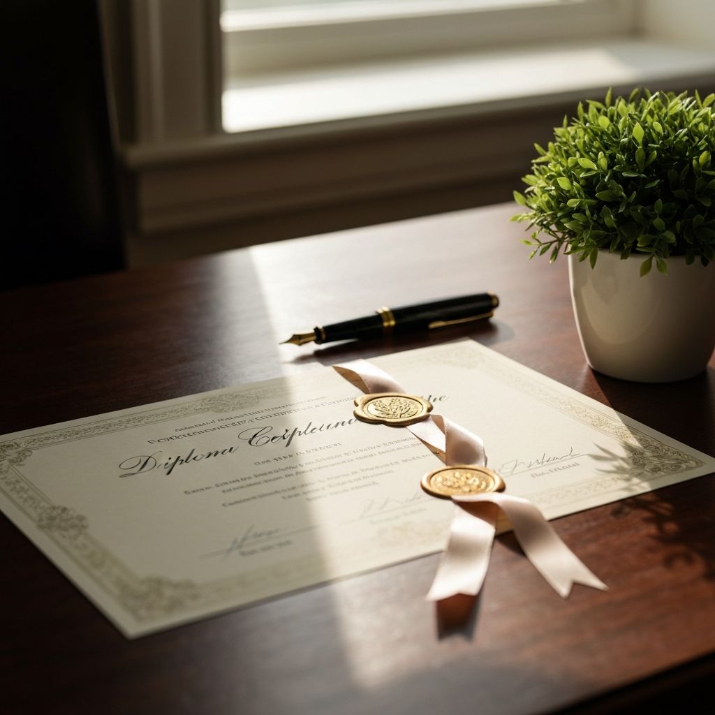 Accredited diploma certificate on wooden desk